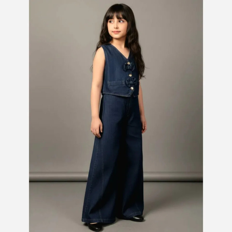 ست وست و شلوار جین کاغذی دخترانه مدل شافل بگ مناسب 8 تا 12 سال