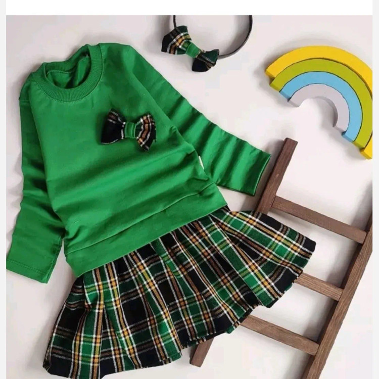 ست سارافون دخترانه پاییزی پنبه دورس و دامن کشمیر به همراه تل سر