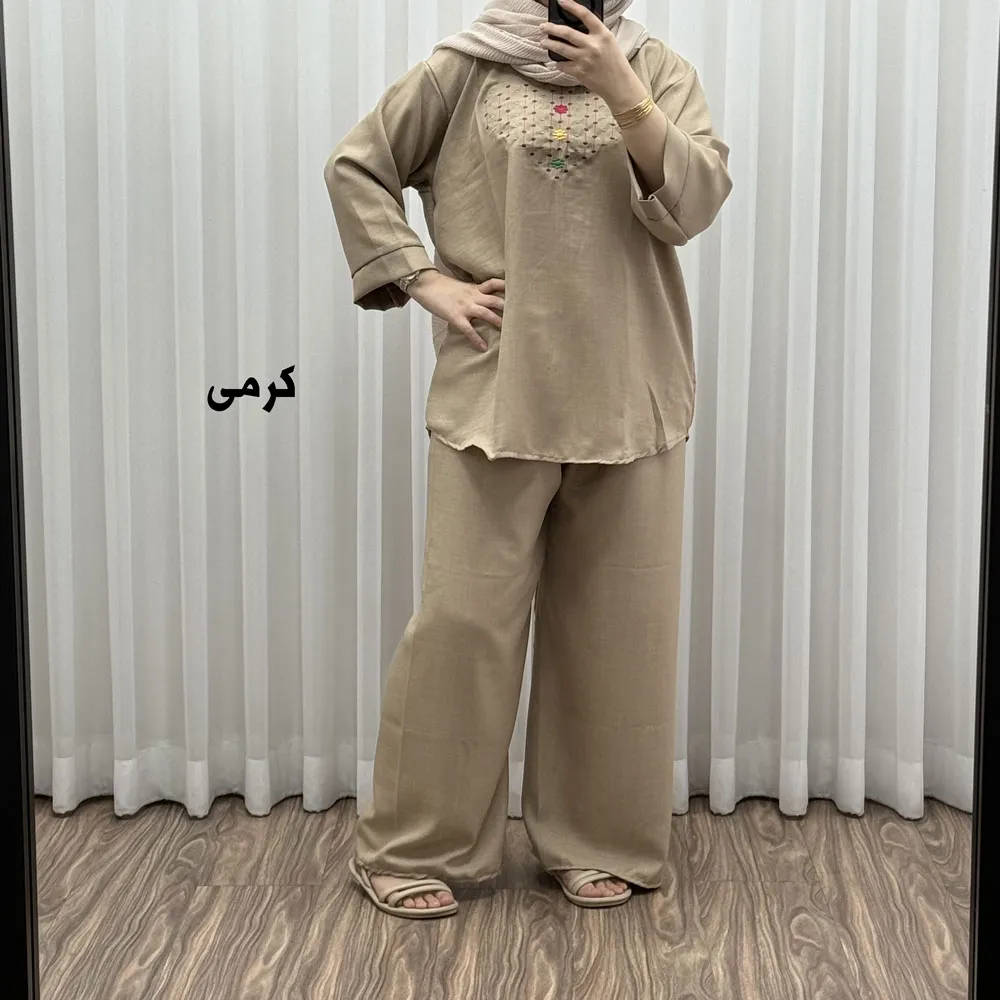 ست بلوز شلوار گلدوزی آلنا فری سایز تا 50 جنس صوفیا چهارفصل شیک راحت بدون آبرفت و رنگ رفت