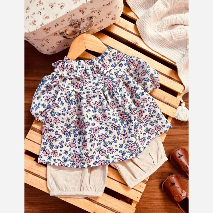ست شومیز و شلوارک دخترانه تابستانی مدل پریا جنس آیوا و لینن