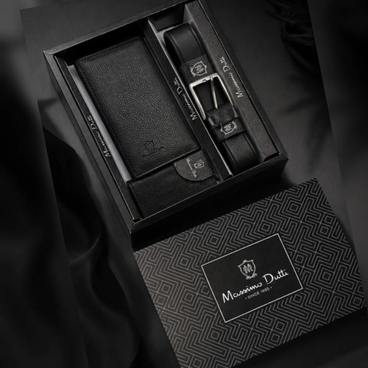 ست هدیه مردانه کیف پول جاکارتی و کمربند چرم صنعتی با جعبه کادویی