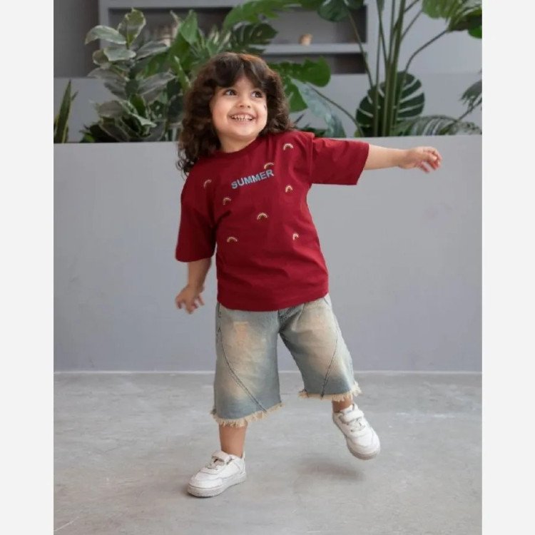 تیشرت و شلوارک جین کاغذی دخترانه طرح گیلاس سایز 35 و 40
