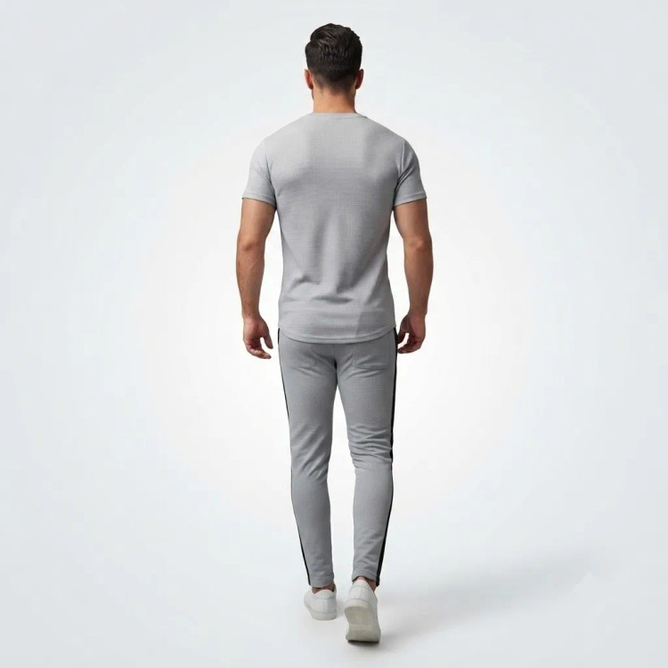 ست تی شرت و شلوار مردانه جنس پارچه بیسکویتی لاکرادار رنگ طوسی