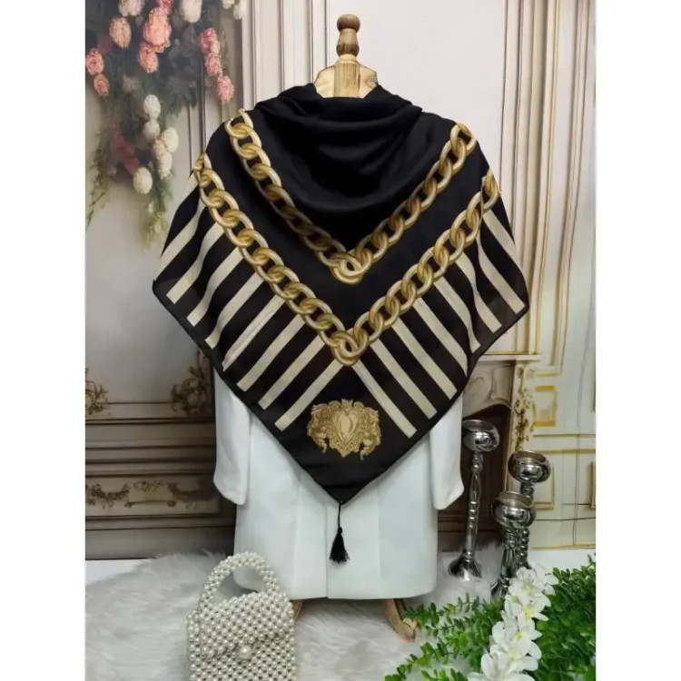 روسری مجلسی ساتن ابریشم طرح طلا قواره 140 توییل