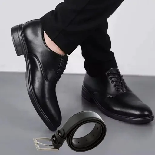 ست کفش مردانه مدل رویال و کمربند چرم صنعتی مشکی